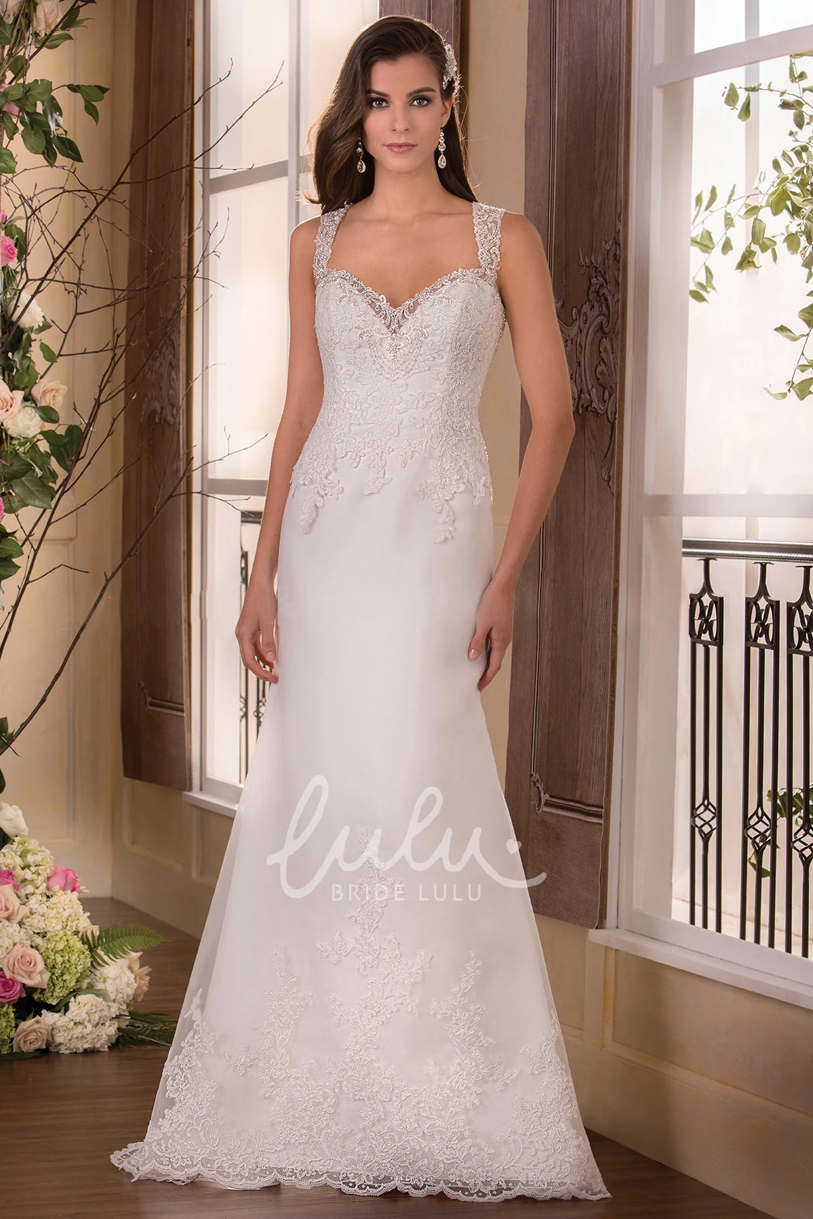 Long Sleeveless Wedding Dress with Keyhole Back and Appliques