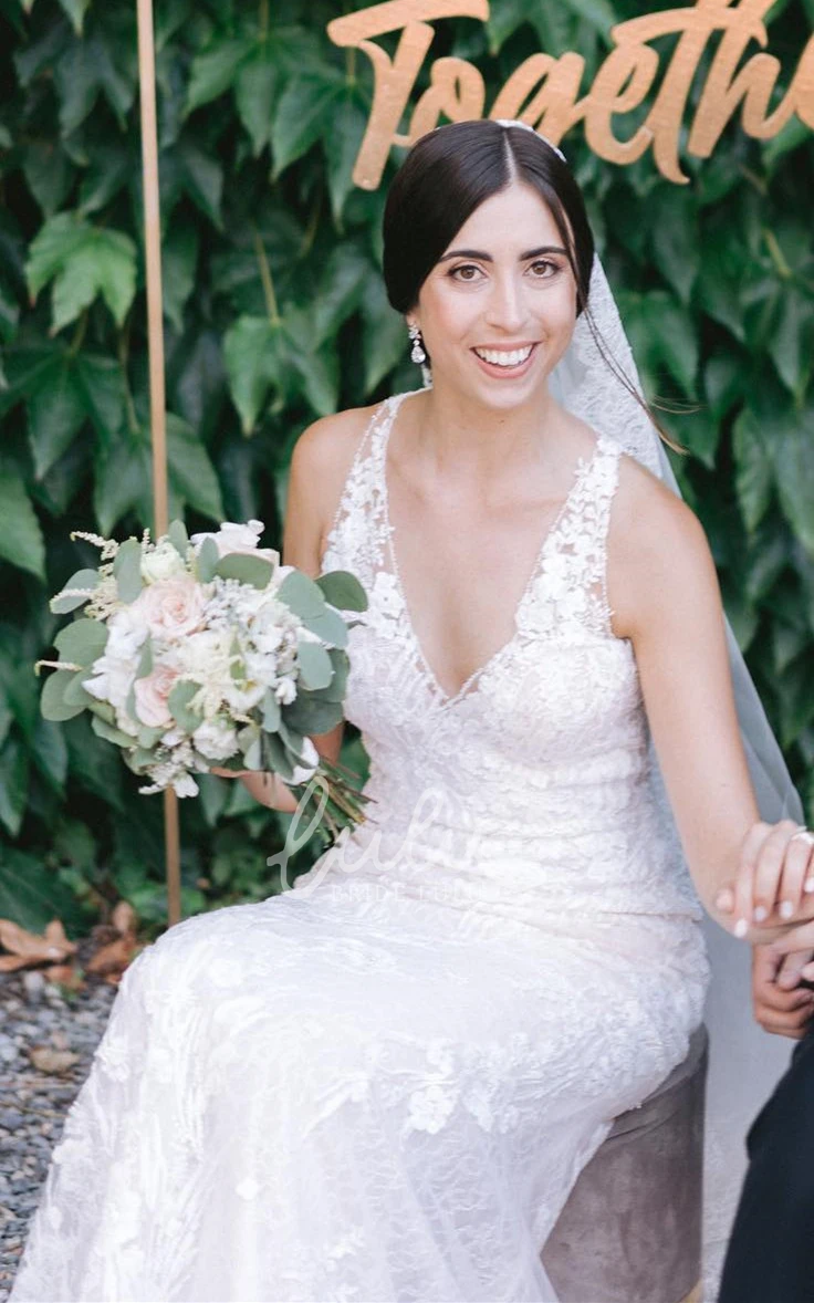 Sexy V-neck Wedding Dress with Appliques Mermaid Lace Tulle