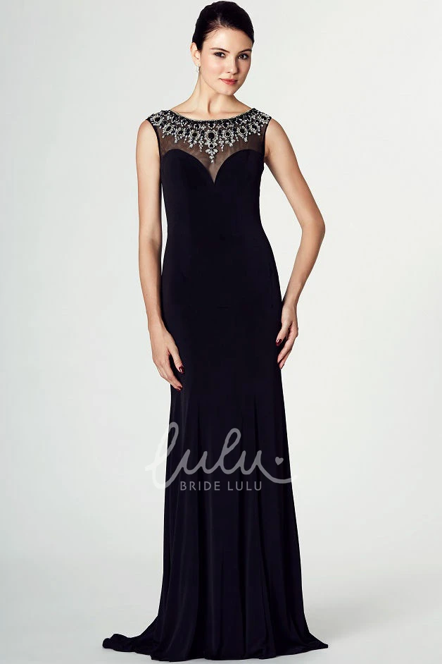 Sleeveless Beaded Bateau Neck Jersey Prom Dress with Brush Train Elegant Prom Dress 2025