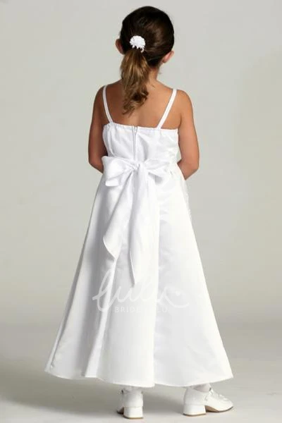 Ankle-Length Beaded Sequin Flower Girl Dress with Floral Satin Straps