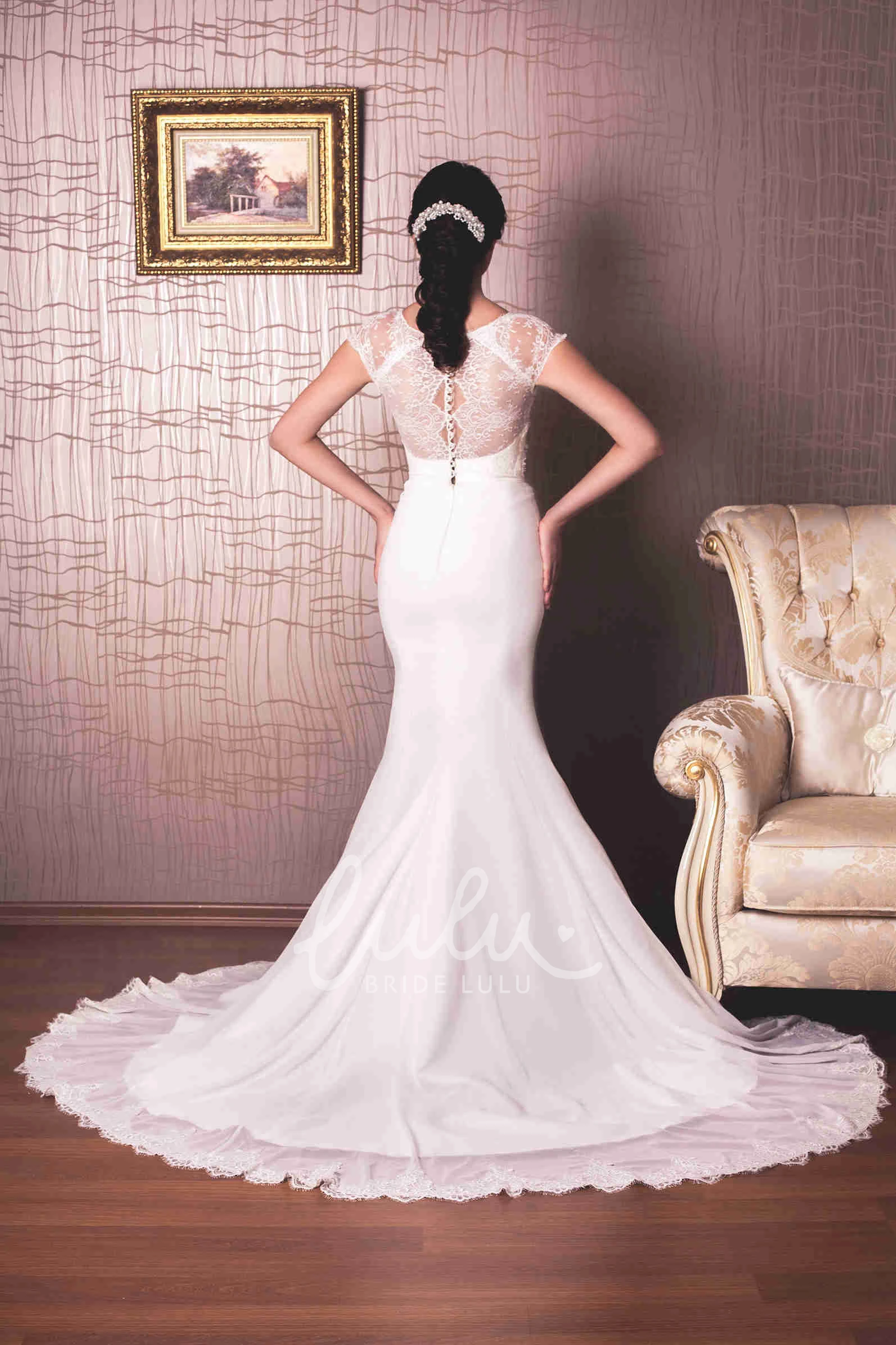 Cap-Sleeve Sheath Satin Wedding Dress V-Neck Floor-Length Lace