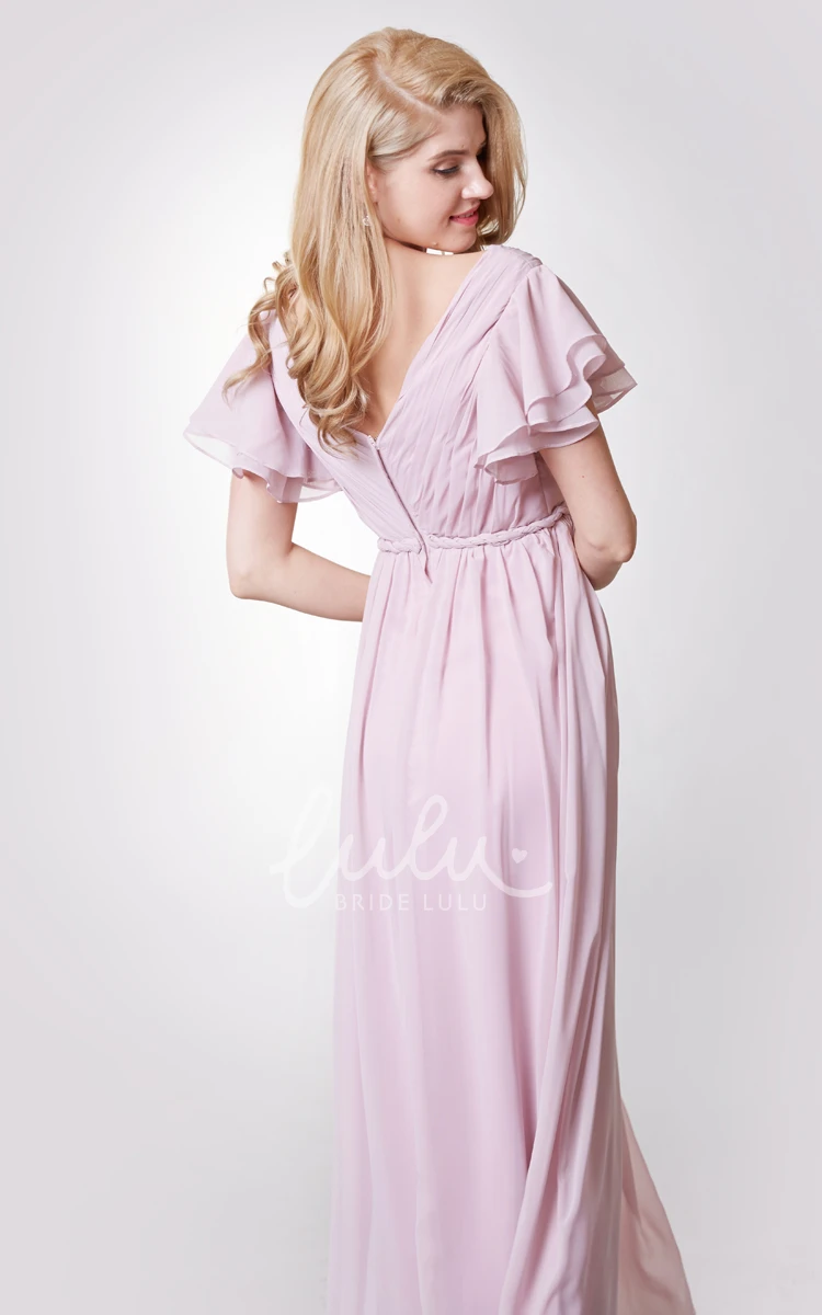 Long Empire Bridesmaid Dress with V-neck and Short Sleeves