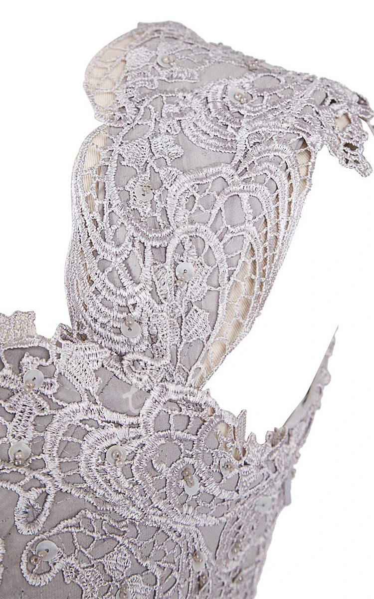 Lace Bodice Cap-Sleeve Formal Dress with Sash