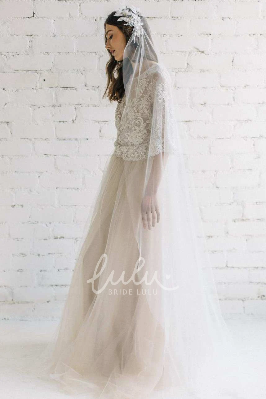 A-Line Tulle Dress with Low-V Back Bateau Half Sleeve Lace Romantic