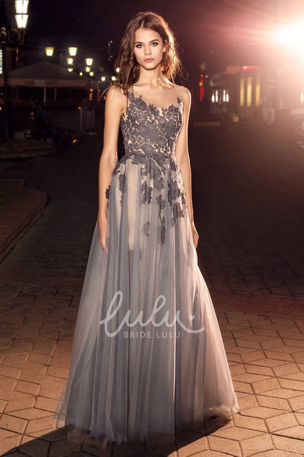 Maxi Tulle Dress with Appliques Pleats and Low-V Back for Prom or Formal Event