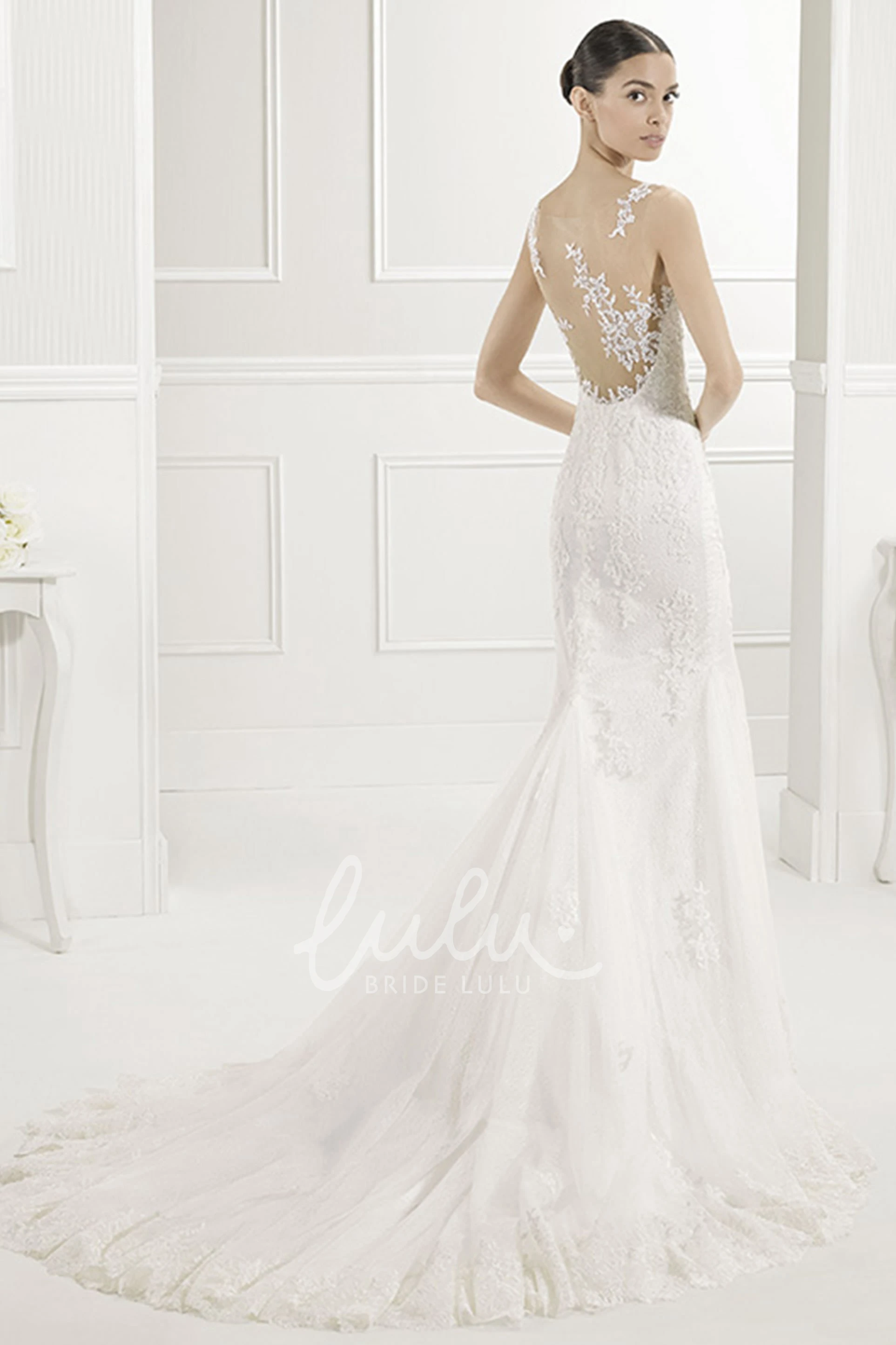 Sheath Lace Wedding Dress with Scoop Neck and Appliqued Illusion Back