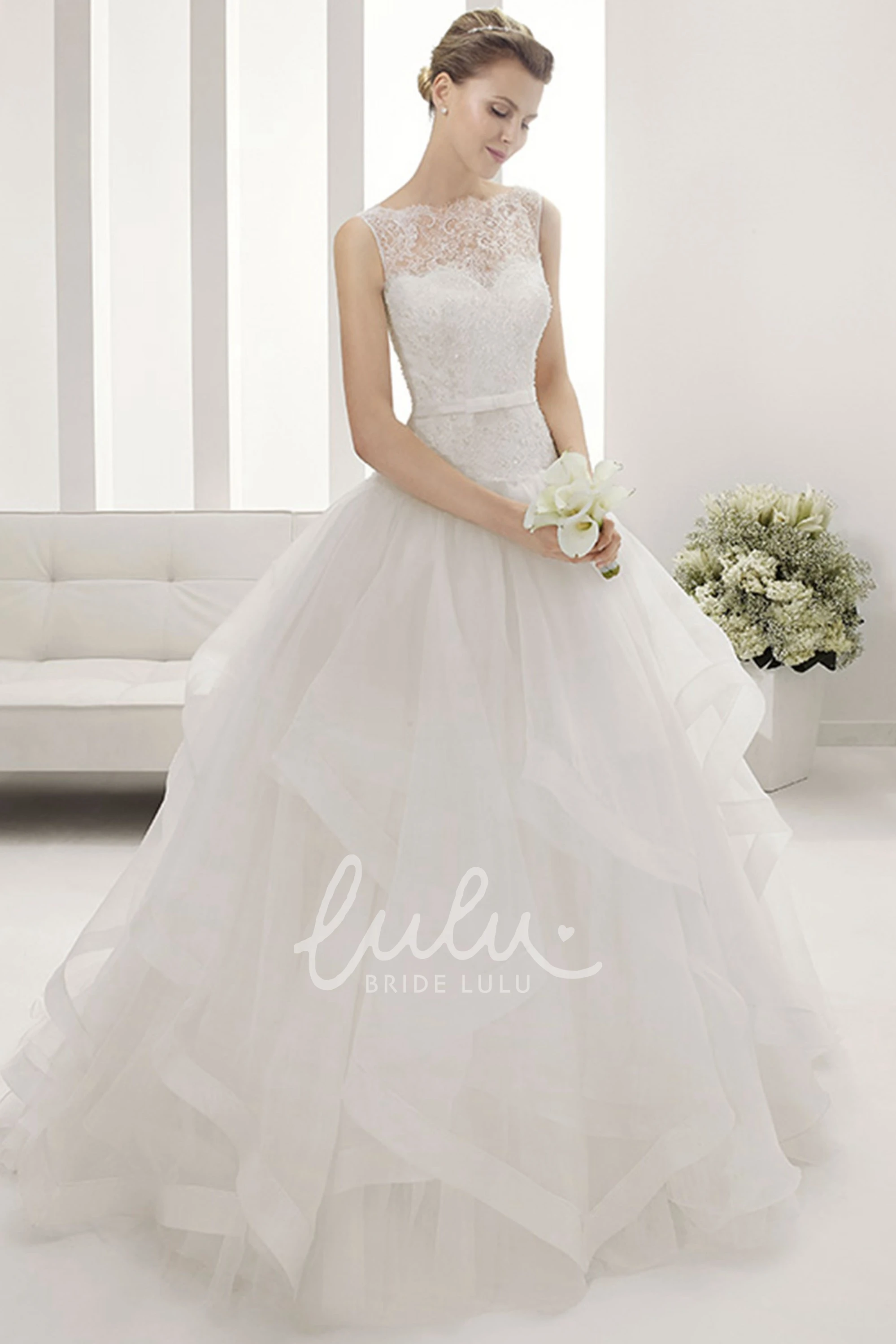 Bateau Neck Lace Bridal Gown with Layered Organza Skirt and V Back Classy Wedding Dress