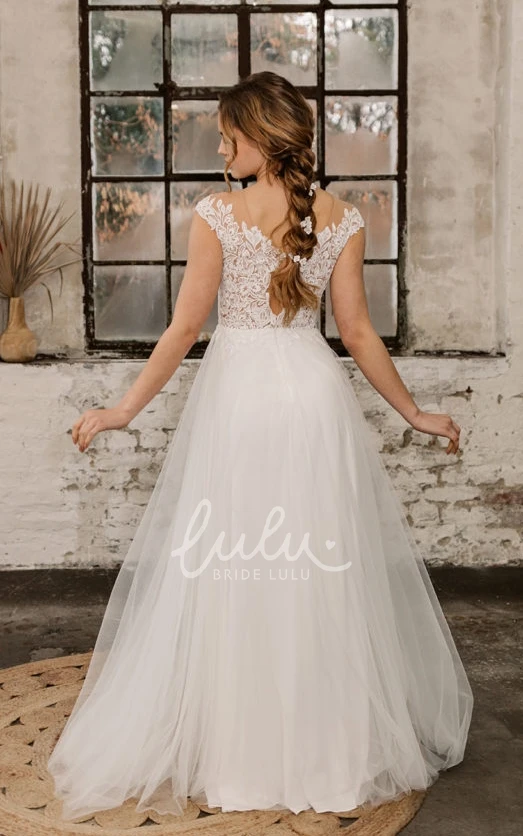 A-Line Charming Low V-Neck Floor Length Adorable Keyhole Tulle Lace Appliqued Wedding Dress