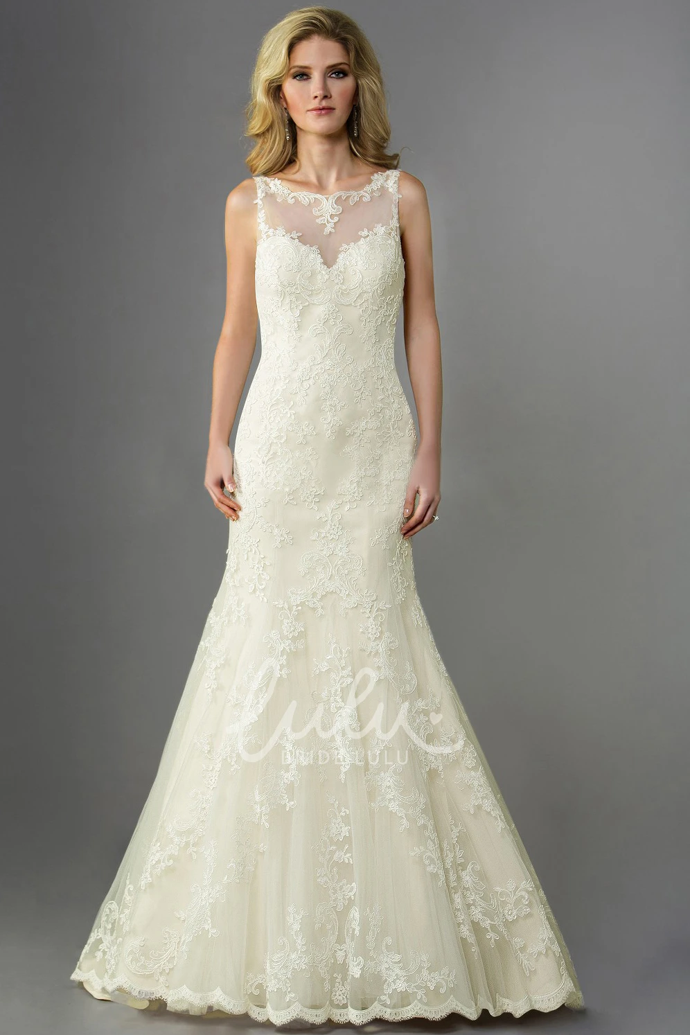 Trumpet Wedding Dress with Bateau Neckline Appliques and Illusion Back