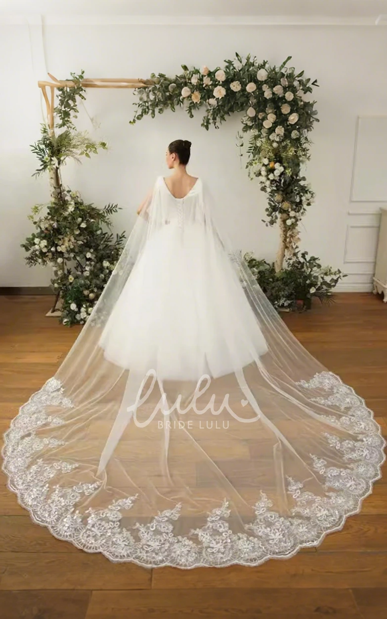 Sparkly Elegant Boho Lace Sequins Tulle Single Tier Cathedral Length WeddingVeils