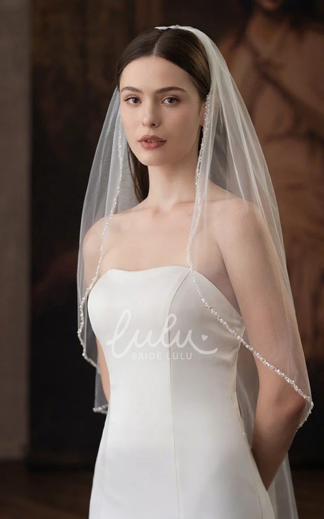 Modern Sparkly One-Tier Waterfall Sequin Pearl Tulle Elbow Length Short Wedding Veil