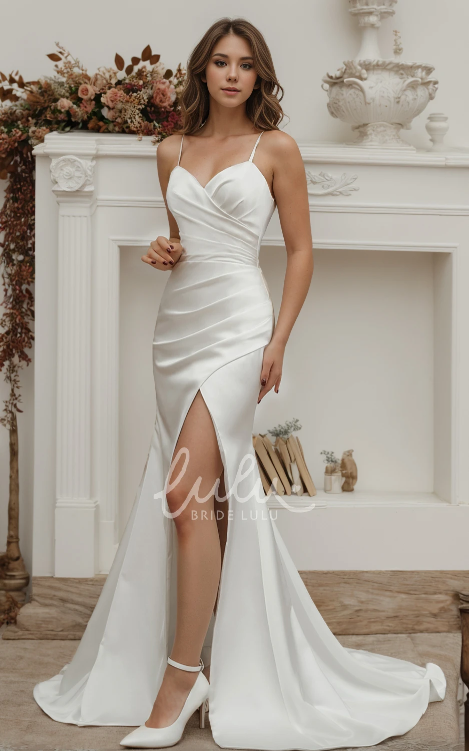 Casual Sexy Mermaid Satin Sweetheart Neck Spaghetti Split Front Ruching Wedding Dress Simple Solid Sleeveless Floor-length Backless Bridal Gown with Train