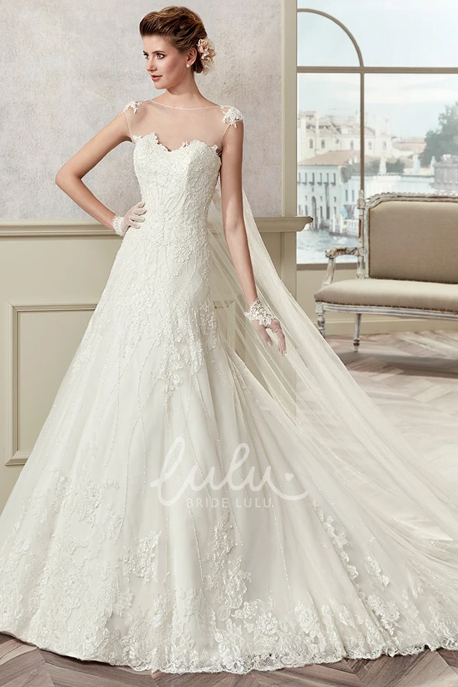 Lace A-Line Wedding Dress with Jewel Neckline and Cap Train Elegant Bridal Gown