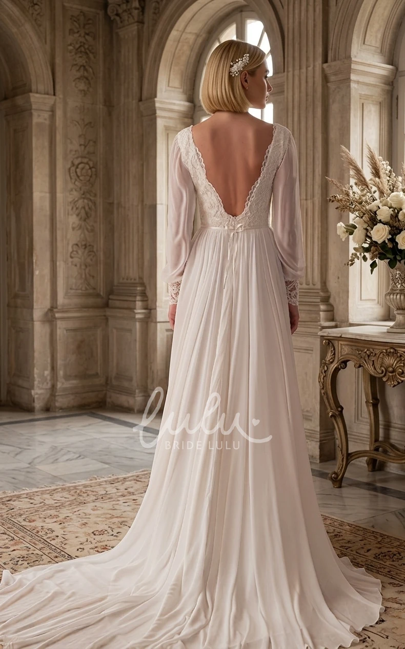 Romantic Elegant Boho Long Sleeve A-Line Lace Chiffon Spring Wedding Dress with Sash Flowy Modest Split Front V-Neck Low Back Court Train Reception Bridal Gown