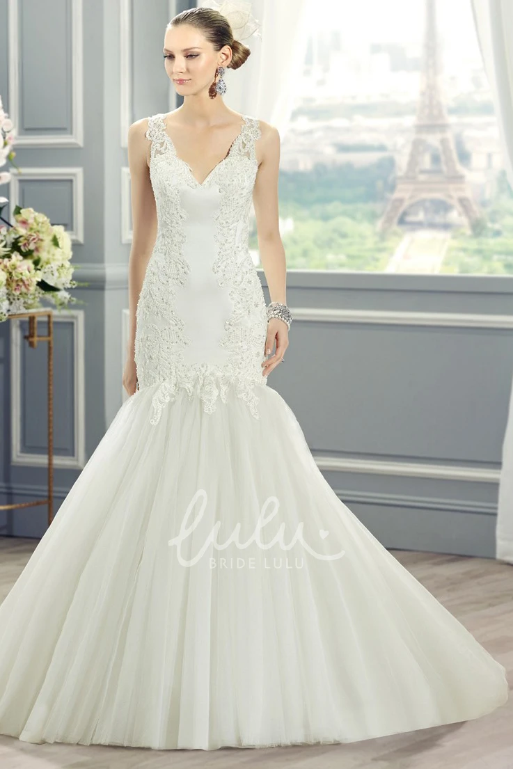 Mermaid V-Neck Lace&Tulle Wedding Dress with Appliques and Illusion Back