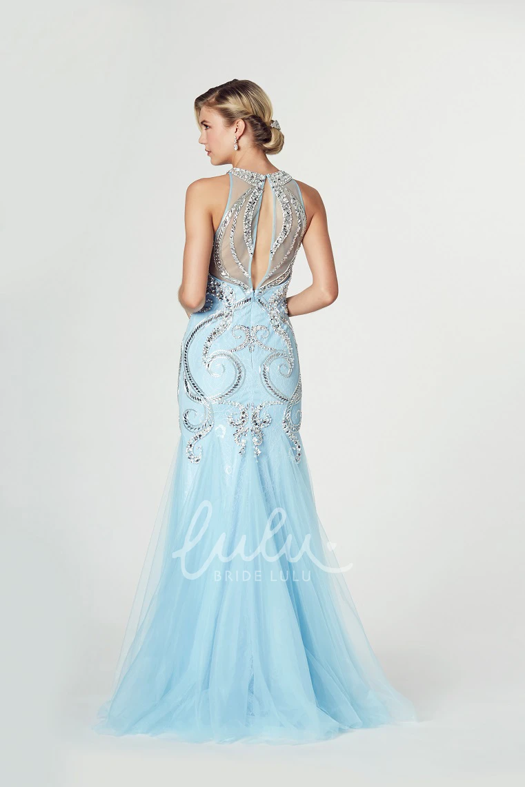 Mermaid Crystal Tulle Prom Dress High Neck Sleeveless