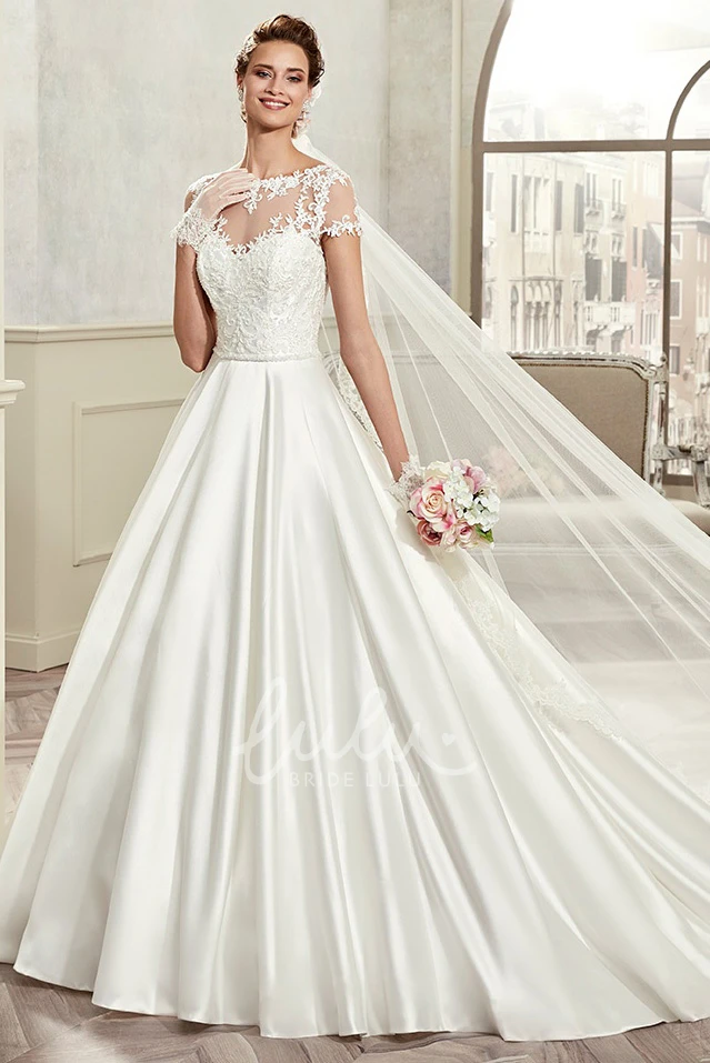 A-Line Wedding Dress with T-Shirt Sleeves and Pleated Satin Jewel-Neck Style