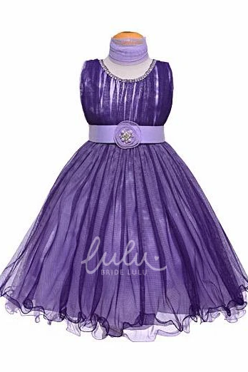Tiered Tulle and Satin Flower Girl Dress Tea-Length Jewel