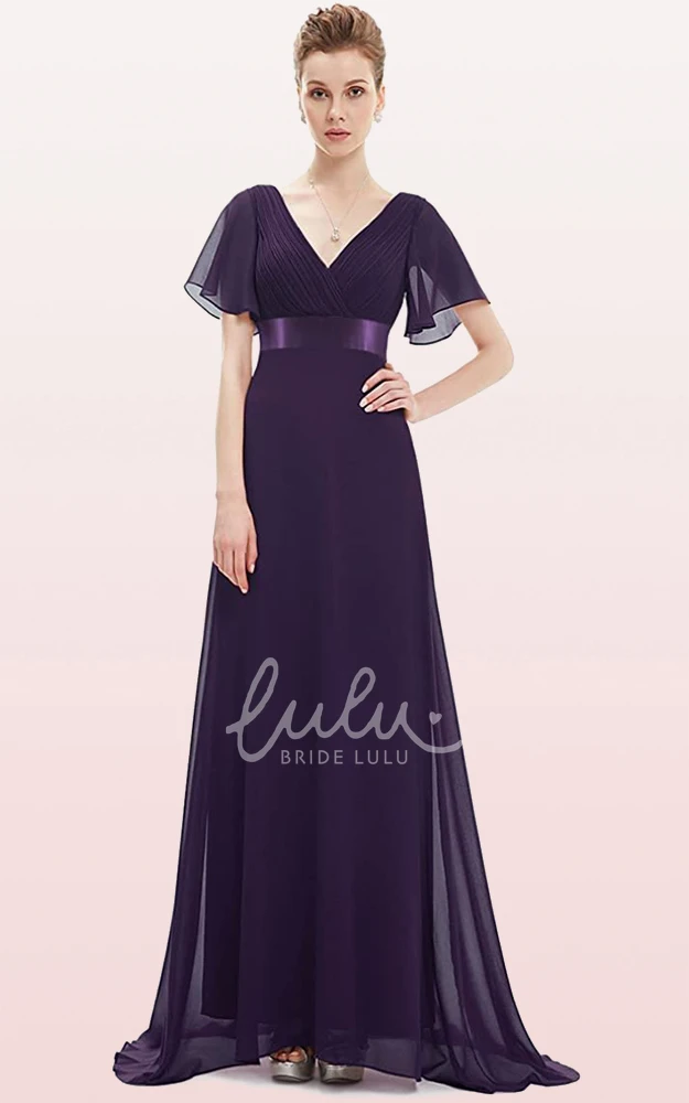 Romantic Chiffon V-neck A-line Prom Evening Dress with Ruffles and Short Sleeves Bridesmaid Dress