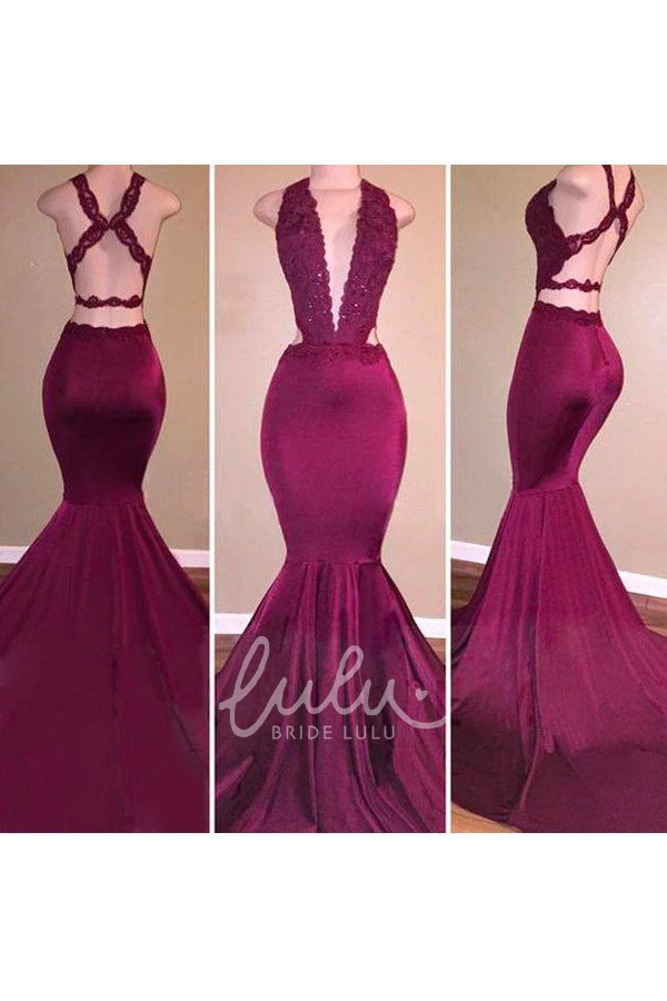 Halter Mermaid Satin Lace Prom Dress with Sweep Train