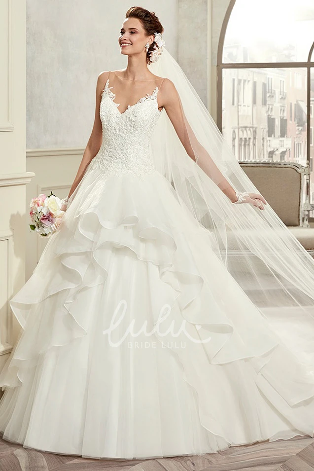 A-Line Wedding Dress with Sweetheart Neckline Spaghetti Straps Ruffles and Lace Bodice Romantic Bridal Gown