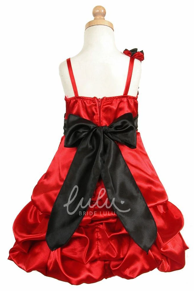 Satin Ruched Knee-Length Floral Cape Flower Girl Dress with Sash