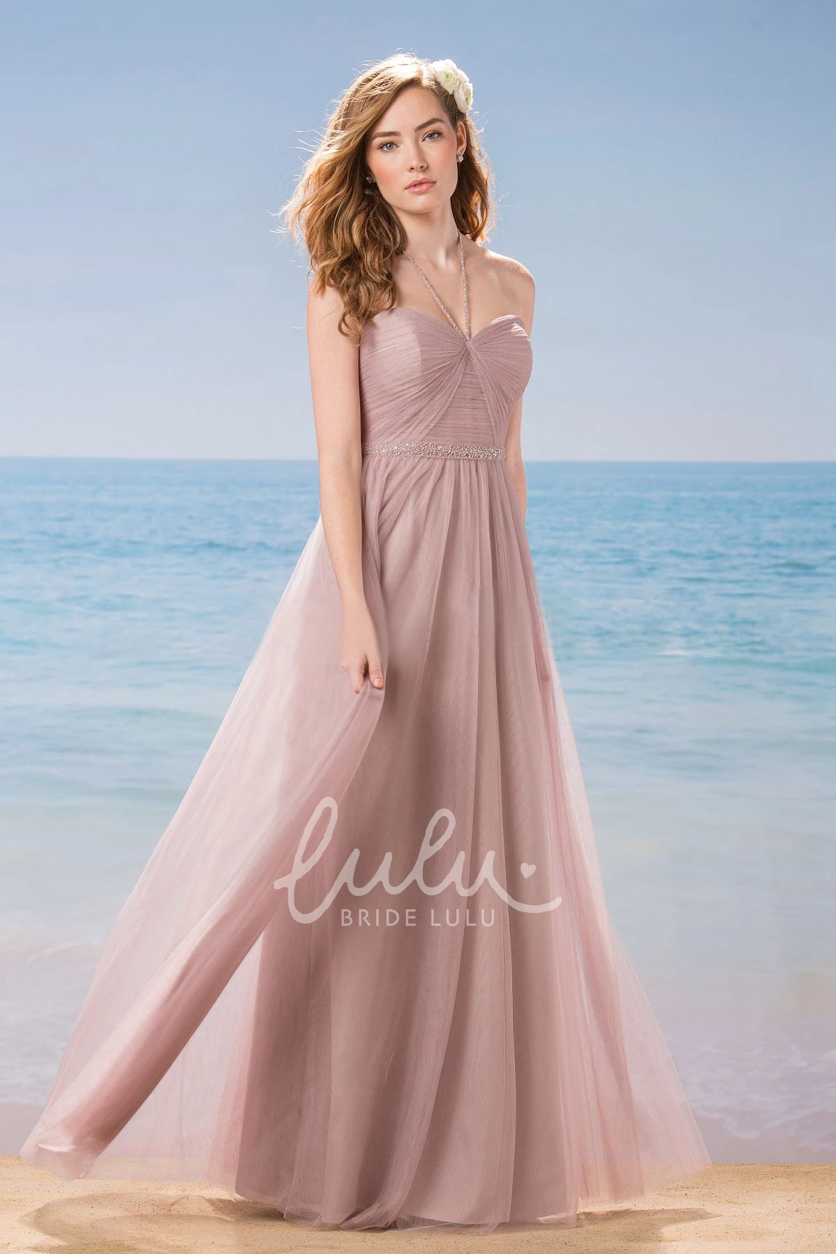 Halter A-Line Long Bridesmaid Dress with Ruching and Sequins Sequined Halter A-Line Bridesmaid Dress Long