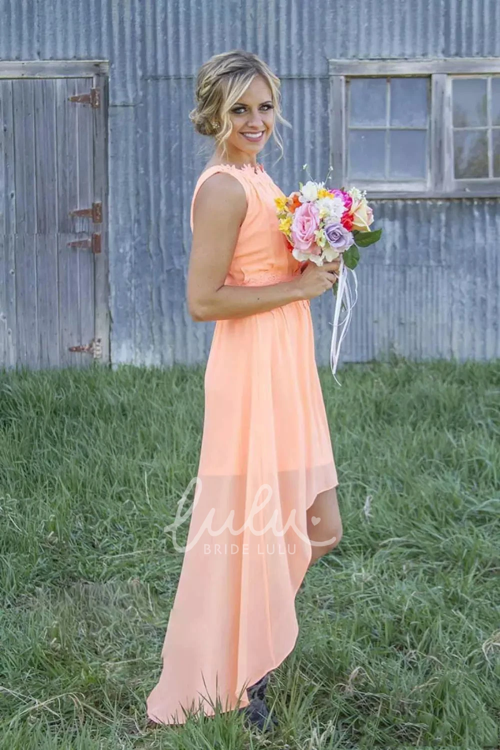 Chiffon Sleeveless A-line Bridesmaid Dress with Appliques High-low Jewel Neckline