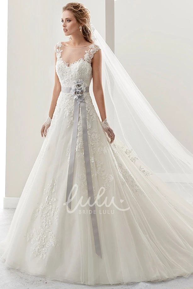 Lace Cap Sleeve Wedding Dress with Flower Satin Sash and Open Back