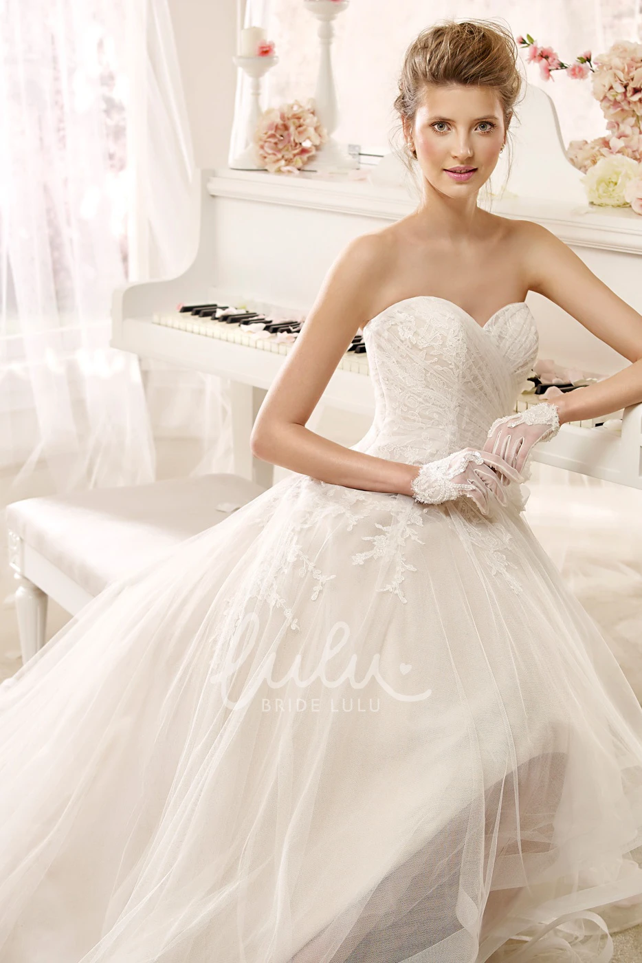 High-Low Sweetheart Wedding Dress with Flower and Ruching Detail