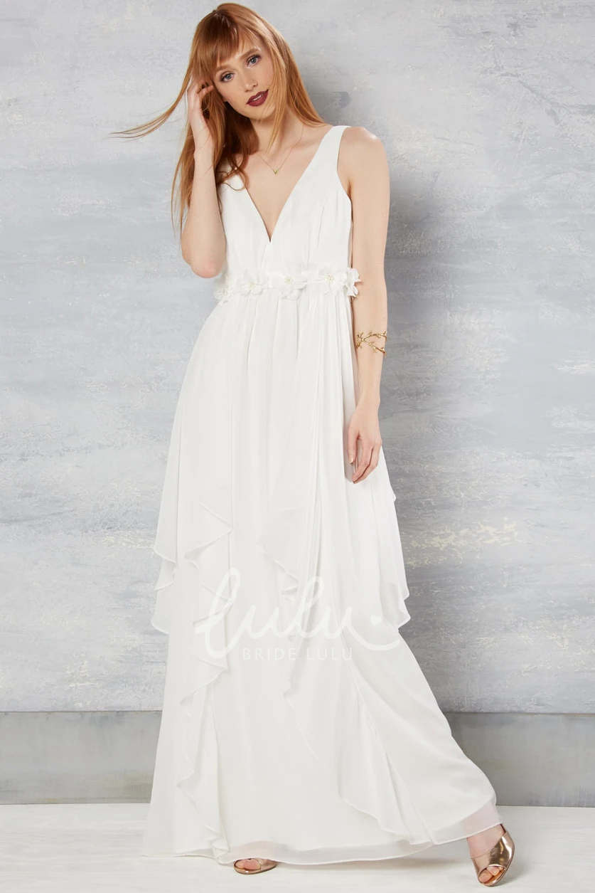 Draping Chiffon Wedding Dress Ankle-Length V-Neck Flowy