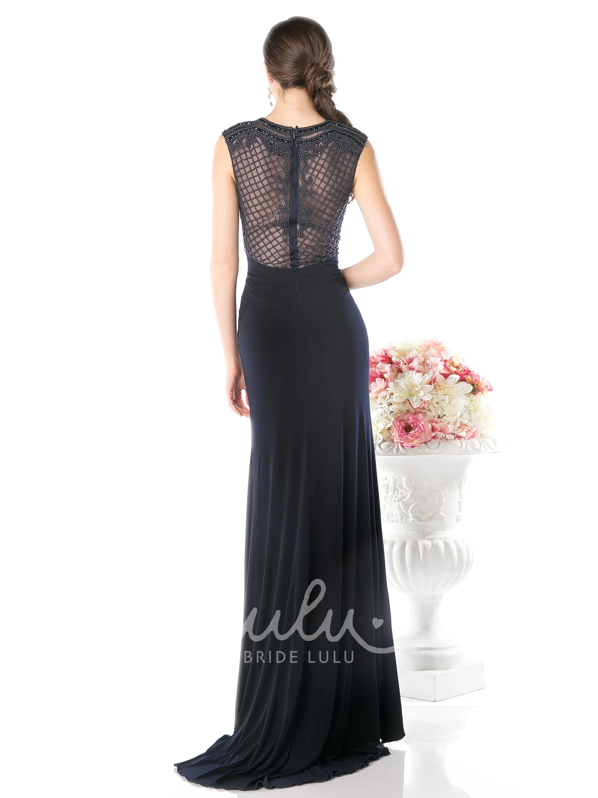 Jewel-Neck Cap-Sleeve Beaded Sheath Prom Dress
