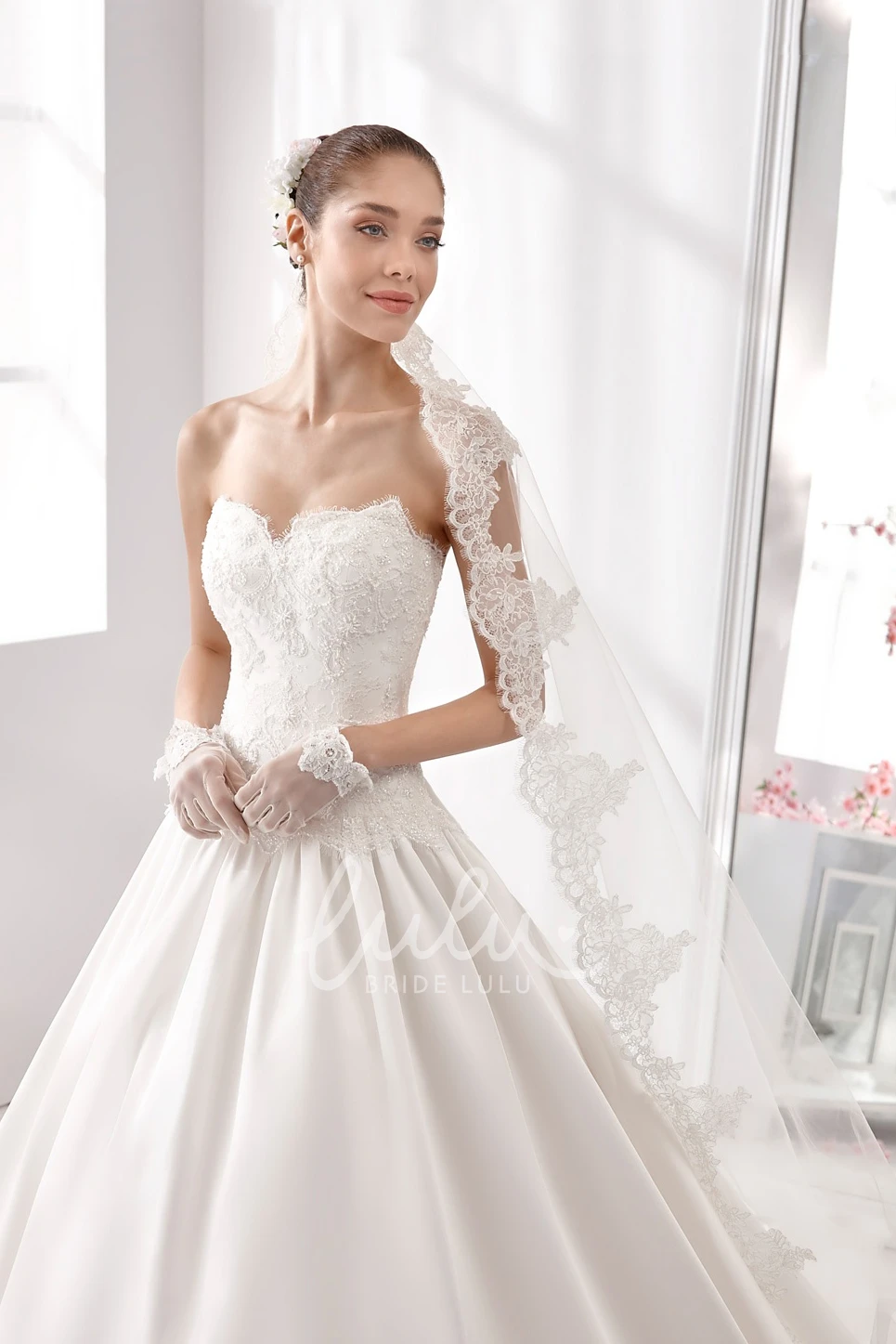 A-Line Spring Wedding Dress with Lace Corset Strapless Appliqued