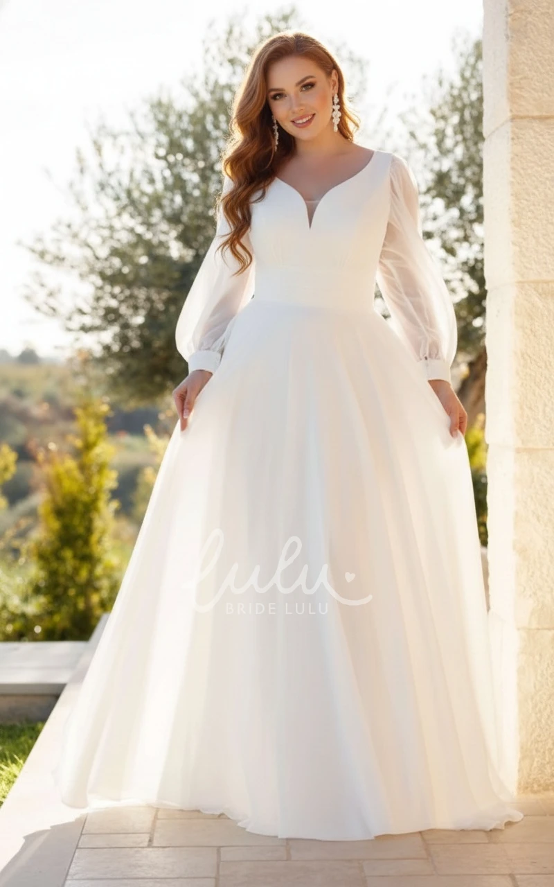 Simple Elegant A-Line Plus Size Chiffon Wedding Dress with Long Sleeves and V-Neck Bridal Gown