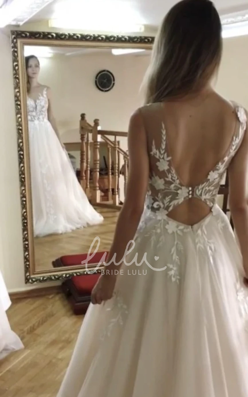 Casual Organza Beach Wedding Dress with Appliques A-Line Open Back