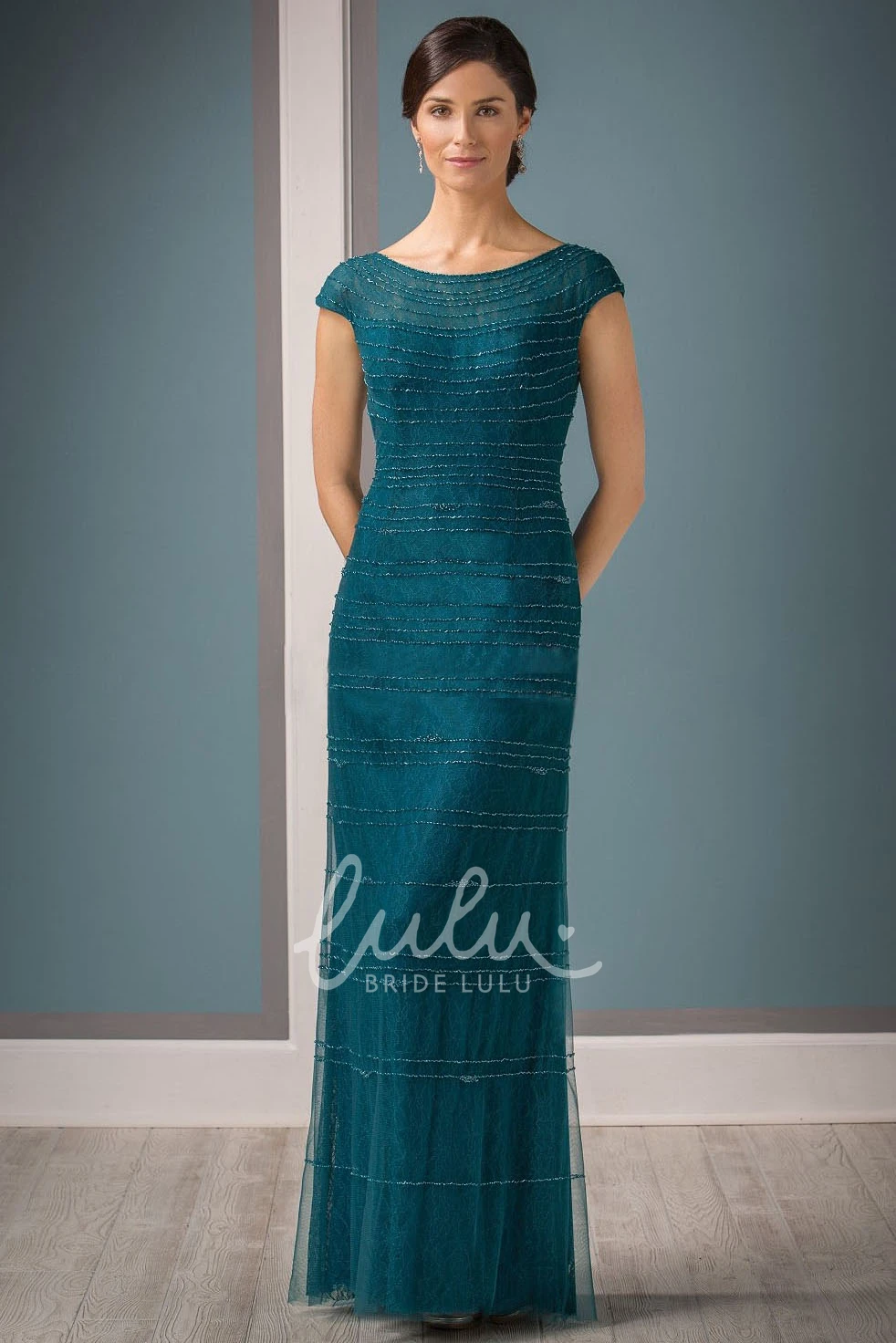 Long Lace Mother Of The Bride Dress with Beadings and Cap Sleeves