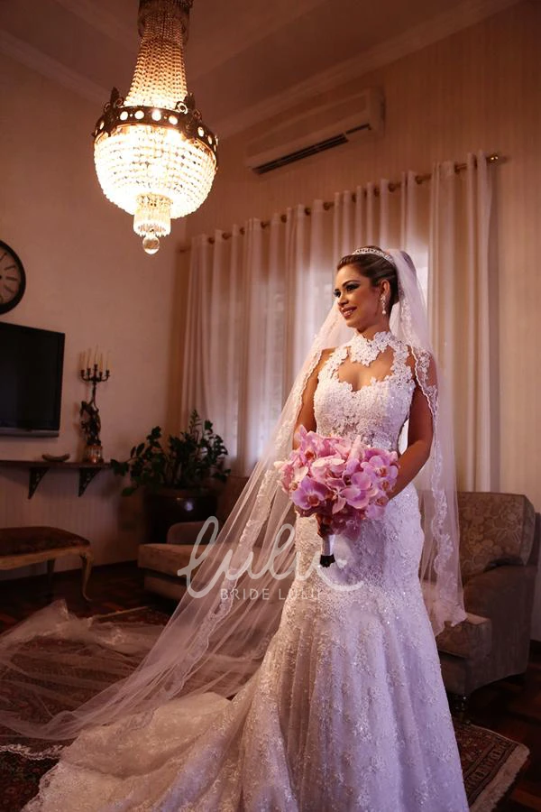 High Neck Lace Mermaid Spring Wedding Dress with Court Train 2026 Elegant