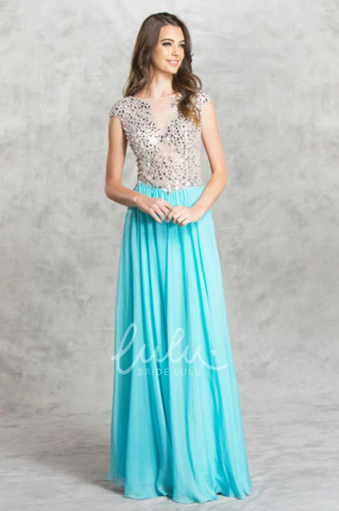 Chiffon Cap-Sleeve Formal Dress with Beading and Split Front