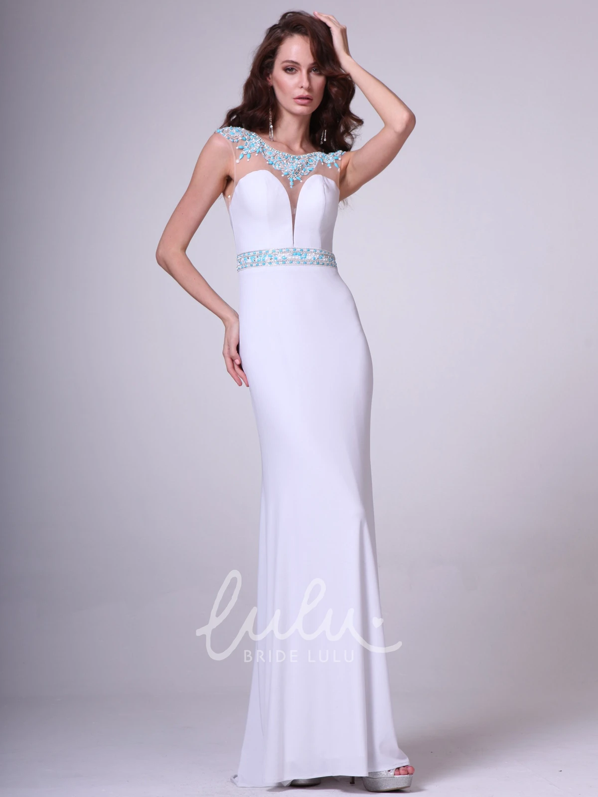 Beaded Sheath Jersey Cap-Sleeve Formal Dress with Keyhole Neckline