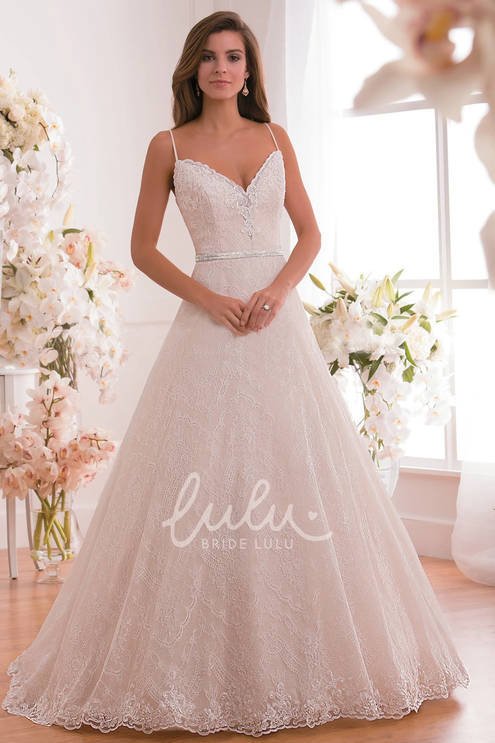 Sequined Waist Sleeveless A-Line Wedding Dress with Spaghetti Straps