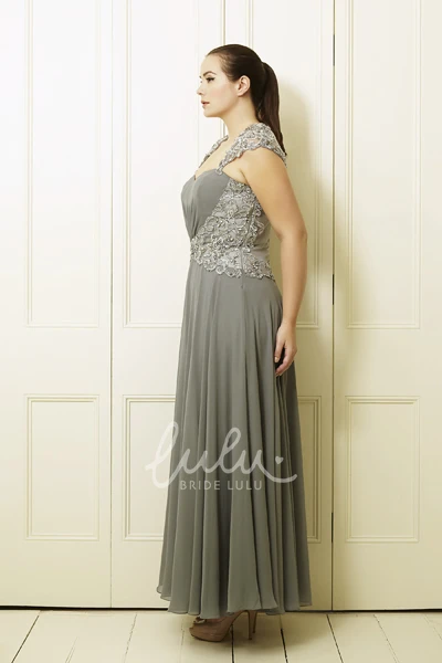 Plus Size Chiffon Prom Dress with A-Line Beaded Ankle-Length and Queen-Anne Neckline