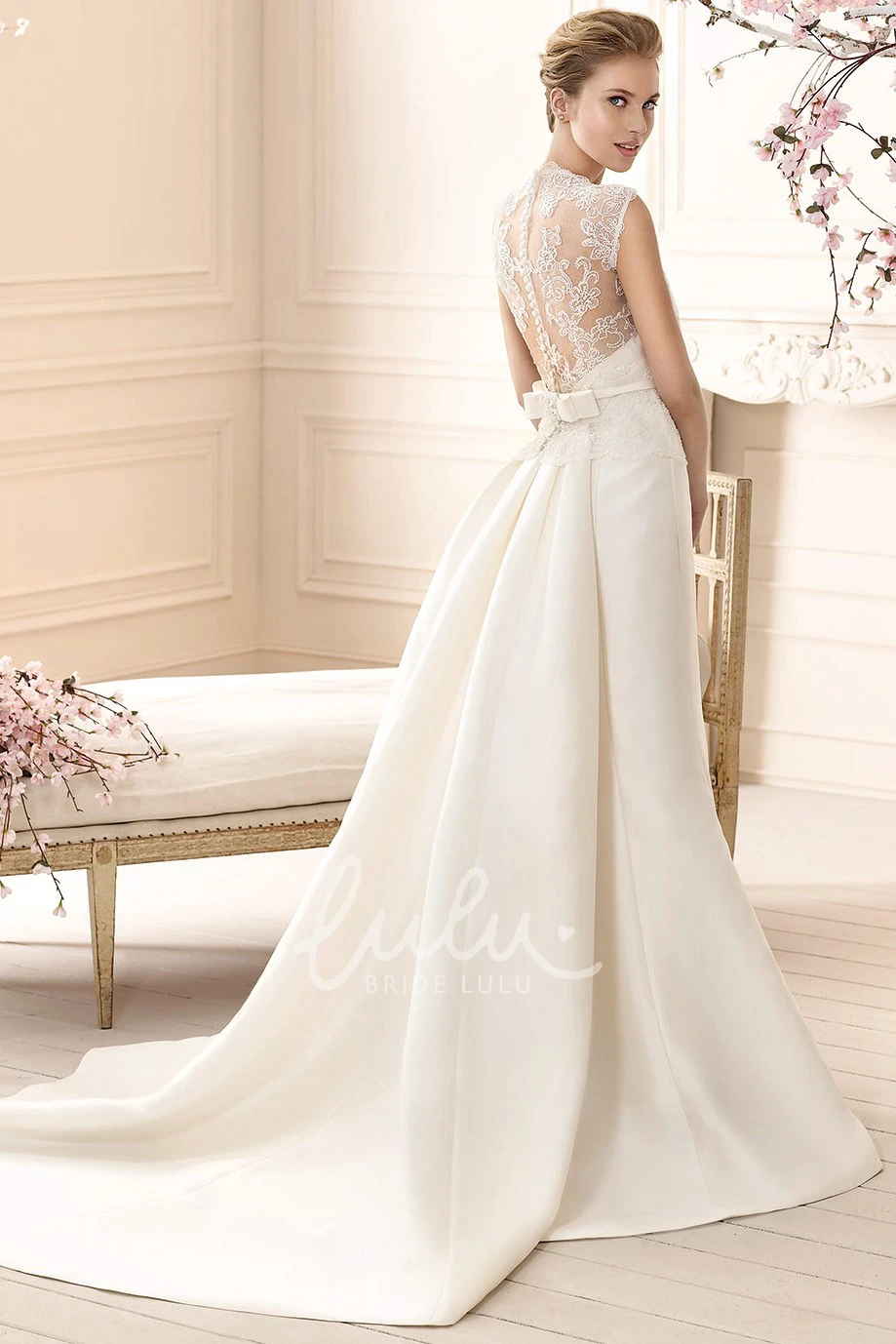 High-Neck Sleeveless Sheath Satin Wedding Dress with Long Lace Modern Wedding Dress