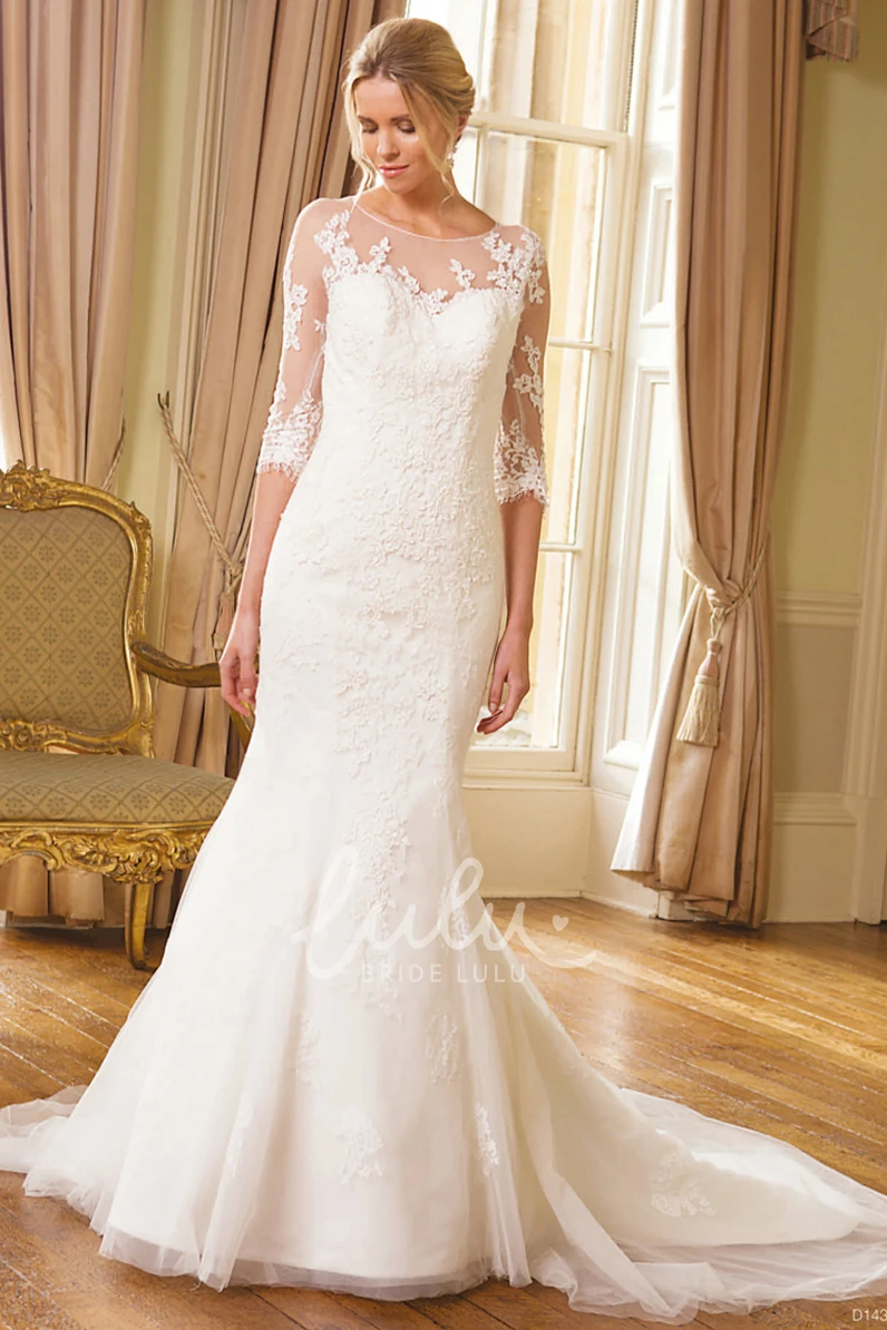 Tulle Mermaid Wedding Dress with Half Sleeves and Appliques Classy Bridal Gown