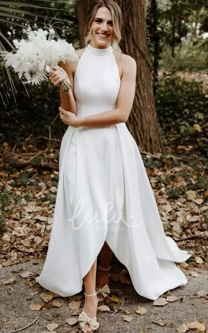 Satin Halter High-Neck Open Back Wedding Dress with High-Low Hem