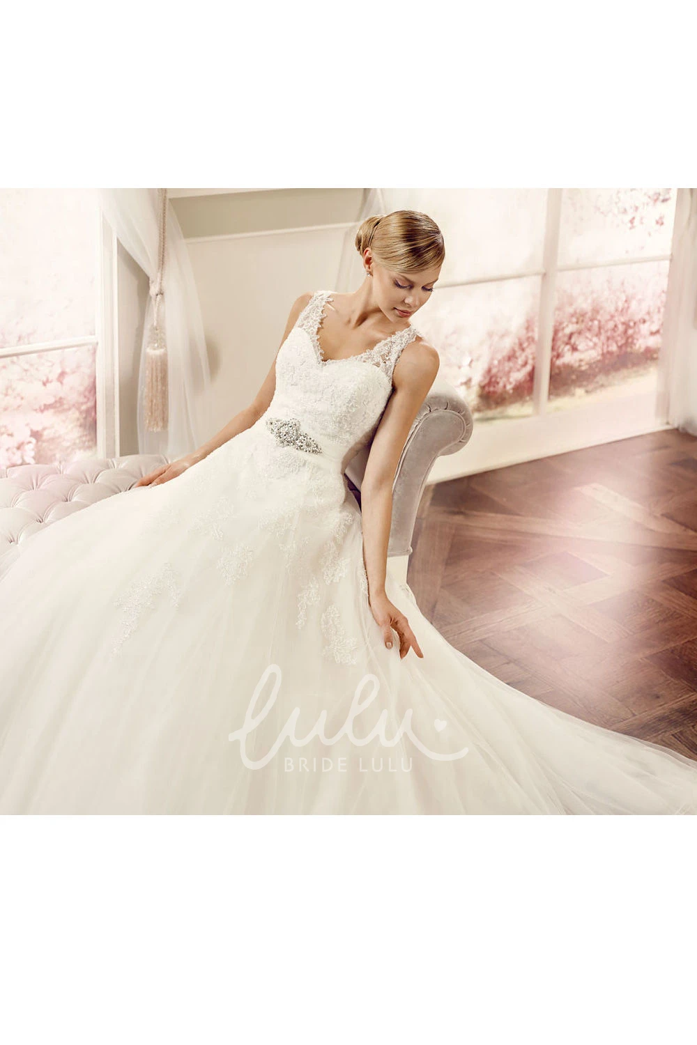 V-Neck Tulle Ball-Gown Wedding Dress with Illusion Back Flowy Bridal Gown