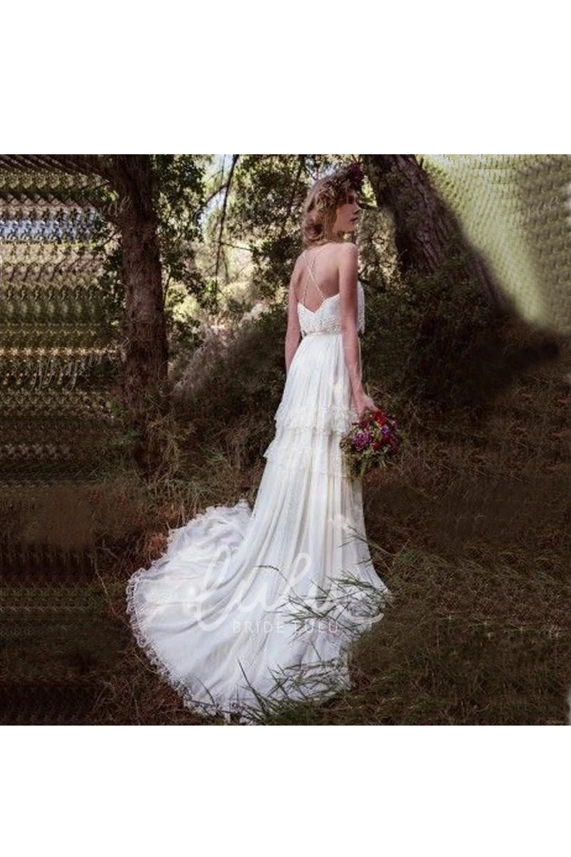 Spaghetti Straps Ethereal Destination Wedding Dress with Cross Back and Tiered Court Train