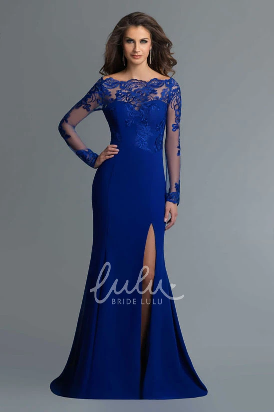 Off-The-Shoulder Maxi Sheath Jersey Formal Dress with Long Sleeves Lace Illusion and Split Front