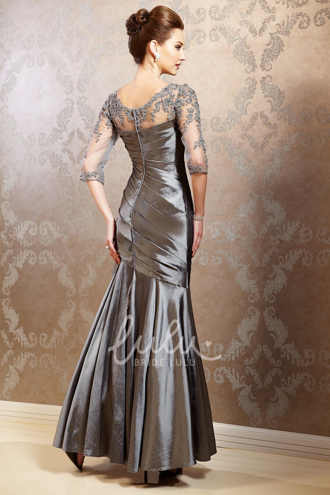 Appliqued Pleated Taffeta Gown Flowy Prom Dress