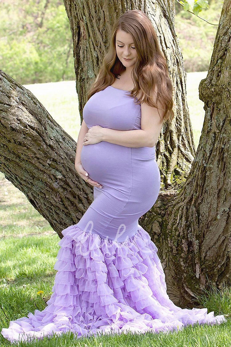 Mermaid Chiffon Jersey Strapless Maternity Dress with Ruched Tiers