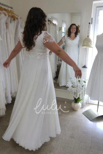 Plus Size V-Neck Lace Chiffon Wedding Dress with Short Sleeves Modern Wedding Dress